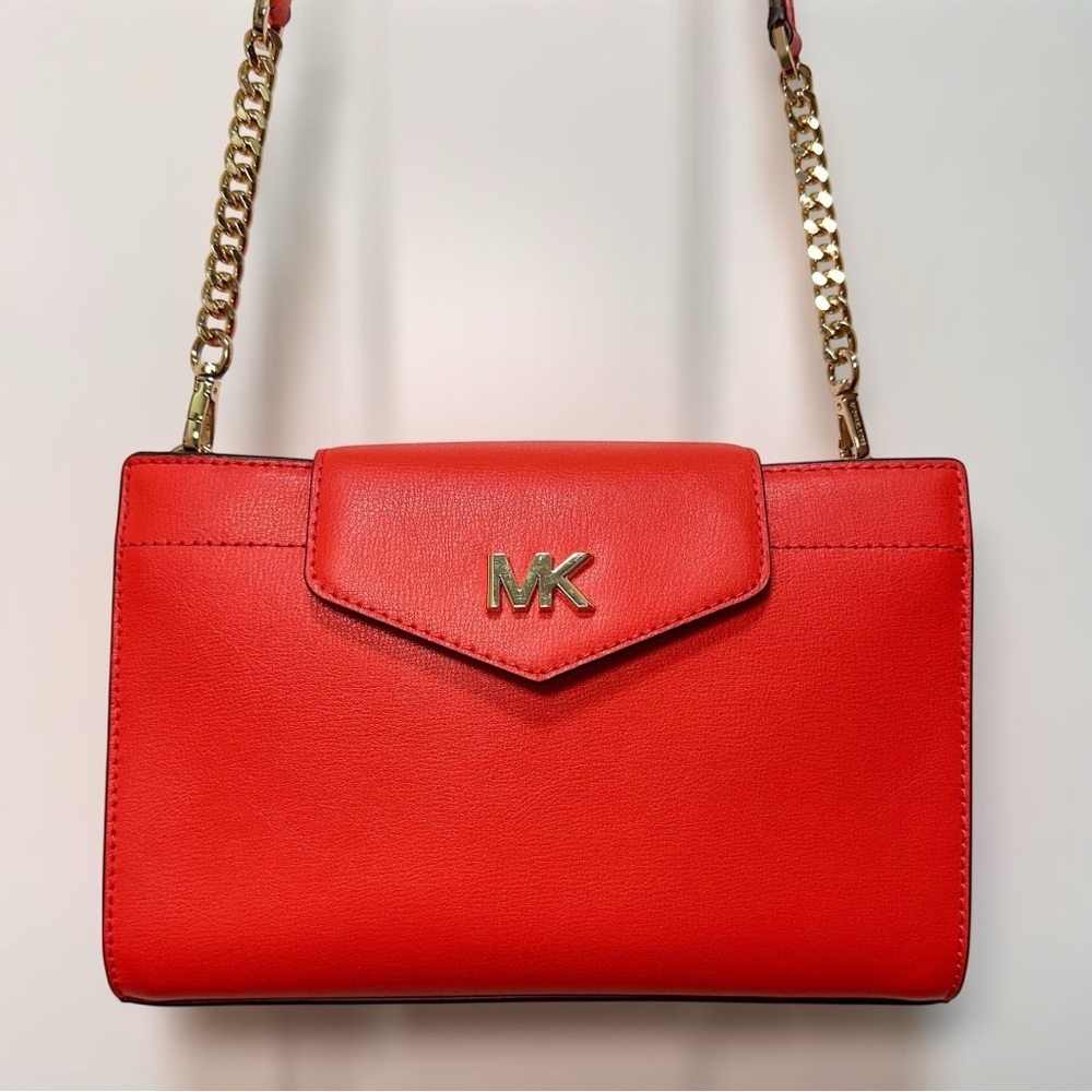 Michael Kors Structured Red Leather Chain Strap Crossbody Clutch